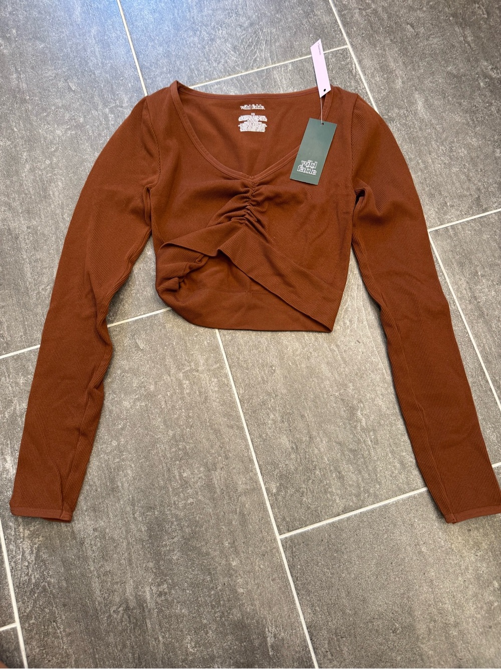 wild fable rust brown ruched long-sleeve crop top